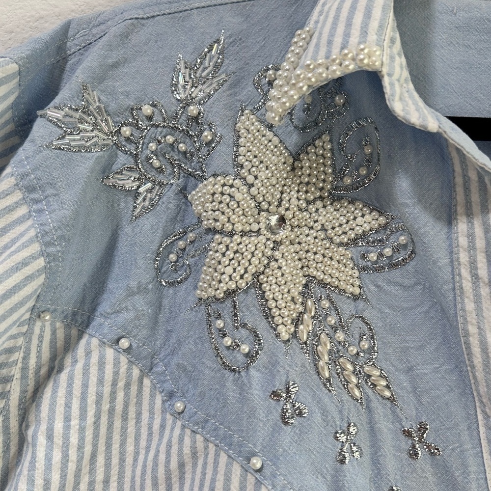 Men's Blue Striped Shirt with Floral Embroidery - Picture 16 of 16